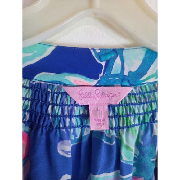Lilly Pulitzer "Elsa" Blue w/Pink Green Floral V-Neck 100% Silk Blouse sz Large - Picture 6 of 8